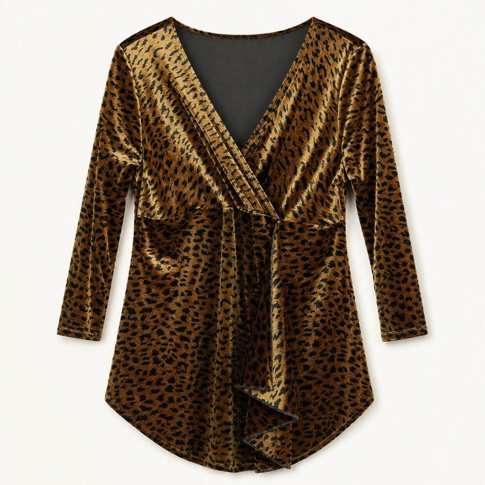 Baranda Velvet Leopard Print Asymmetrical Ruffle Hem Tunic Top Brown Black M